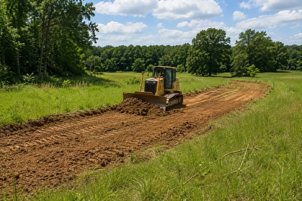 Dozer grading a pond embankment and spillway area