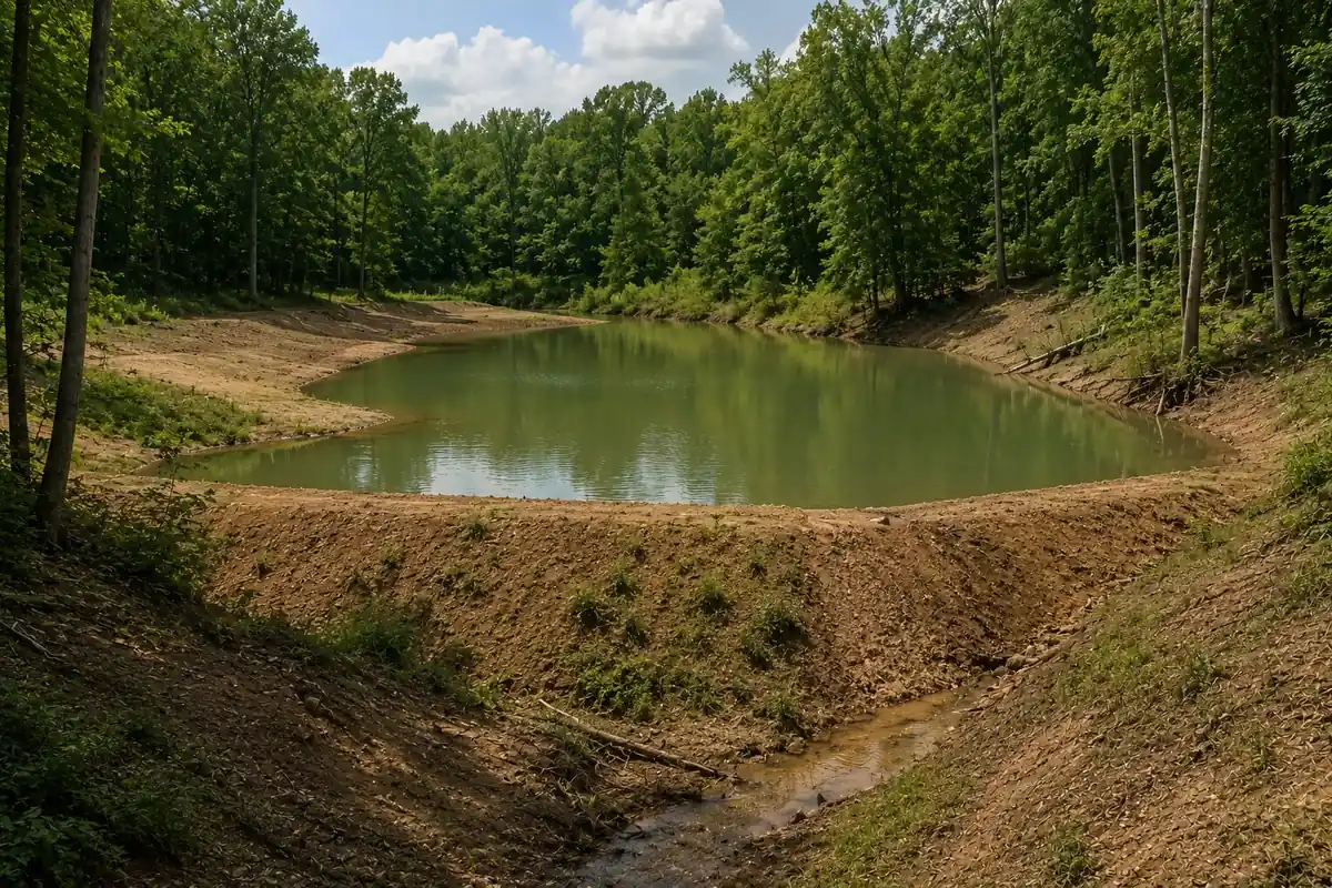 Wooded pond with eroded banks and a washed-out spillway area needing repair