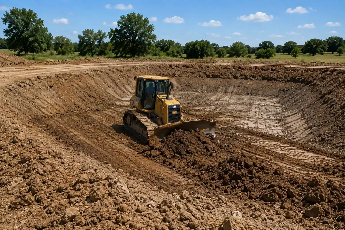 Dozer excavating a new pond basin on Oklahoma acreage