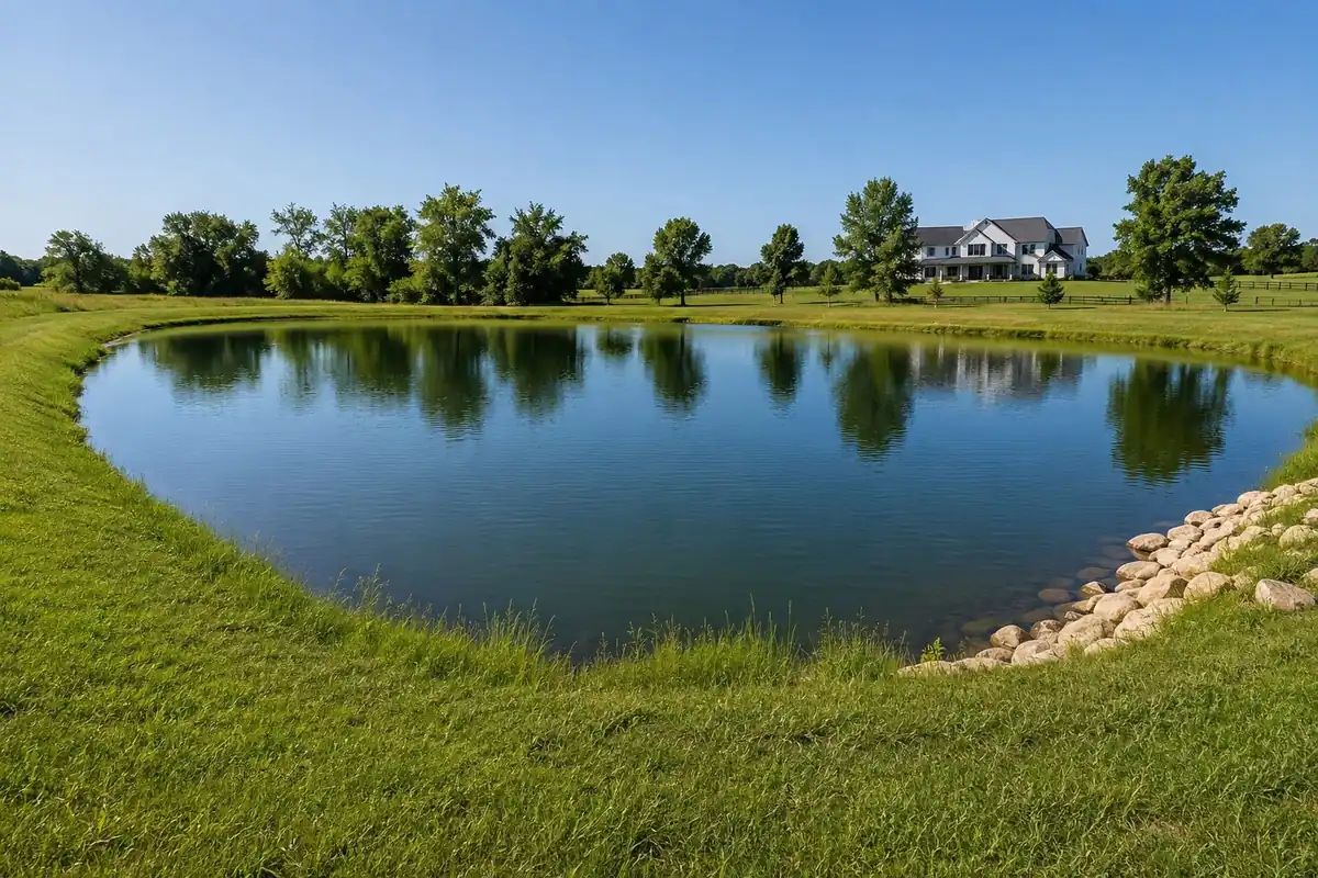Finished pond with grassy banks and a rock-lined shoreline on Oklahoma acreage