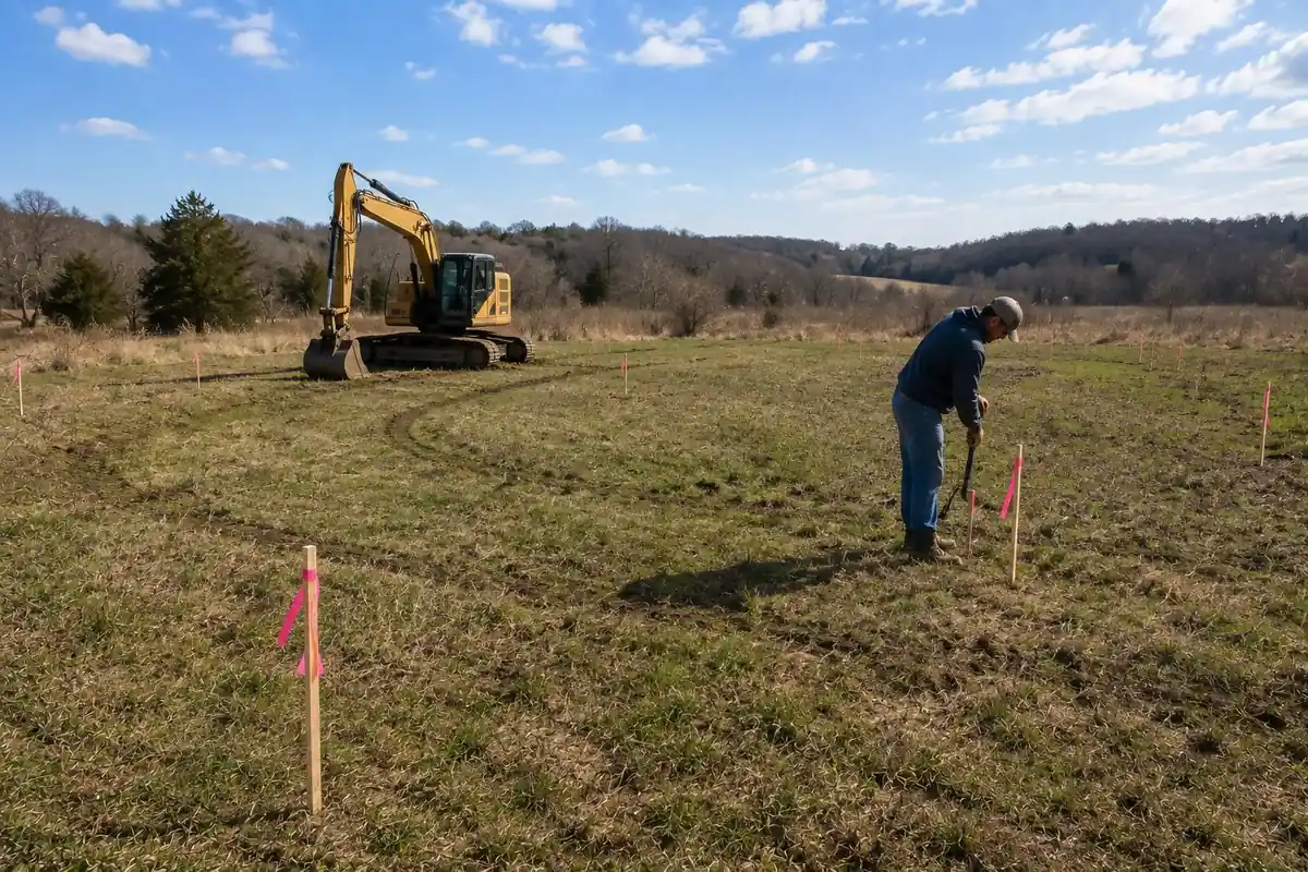 Excavator and survey stakes marking out a new pond site
