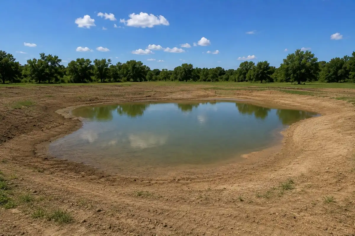 Shallow silted pond with exposed mud banks that needs a dig out